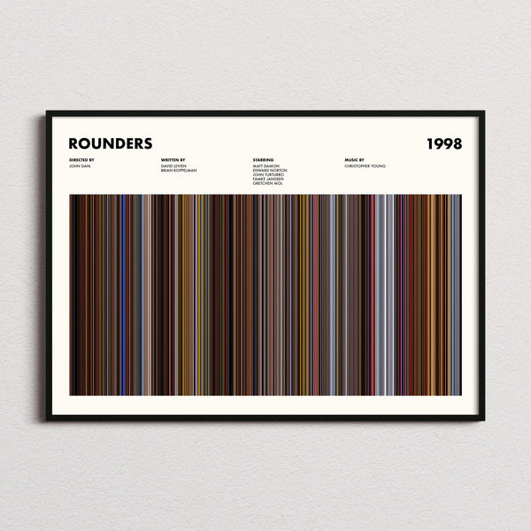 Rounders Movie Barcode Poster framed and photographed straight on