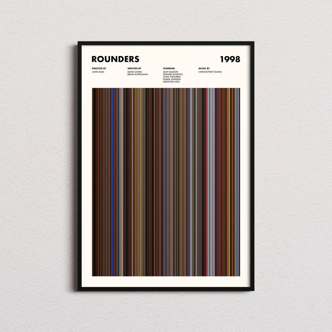 Rounders Movie Barcode Poster framed on a plain studio wall