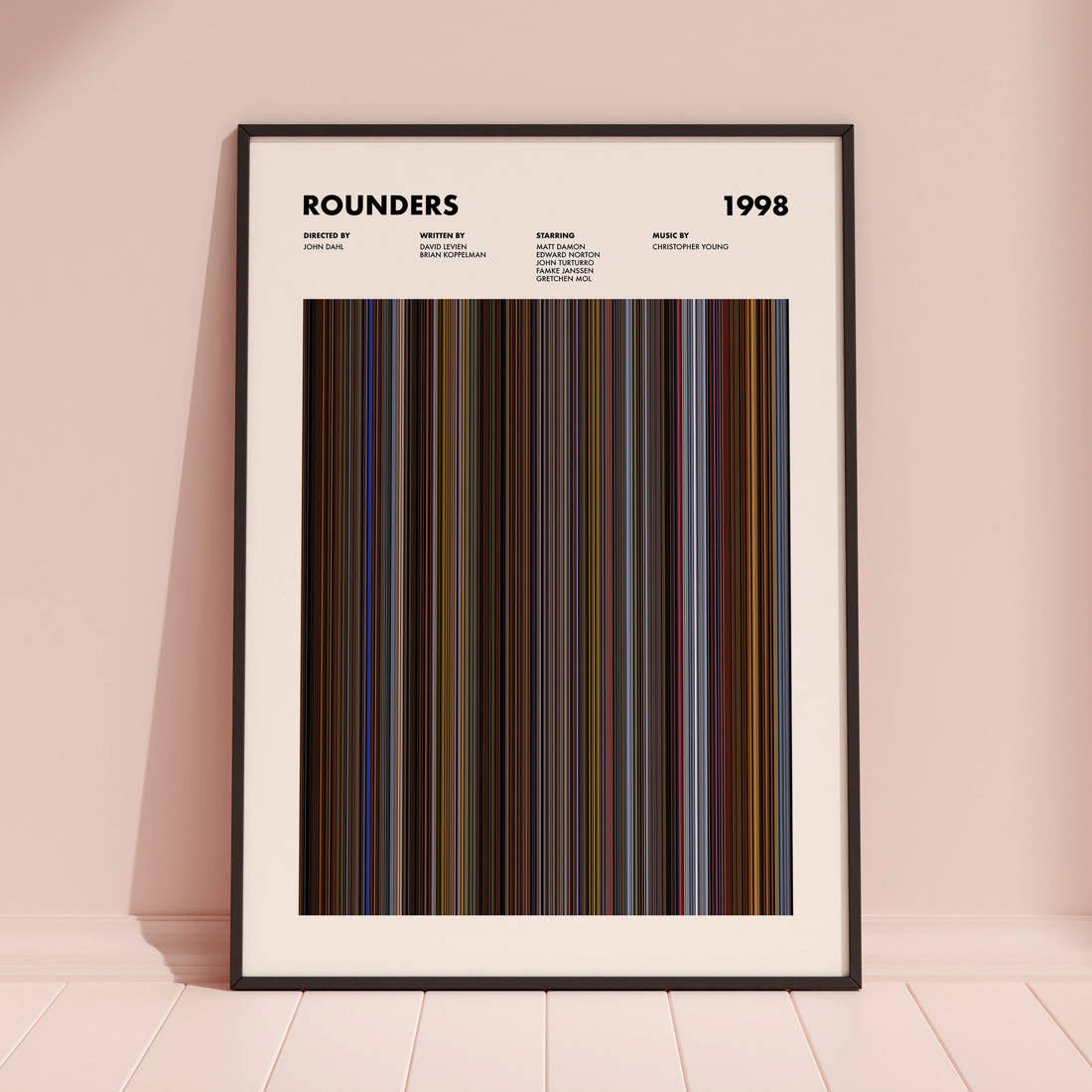 Rounders Movie Barcode Poster framed and leaning against a coloured wall