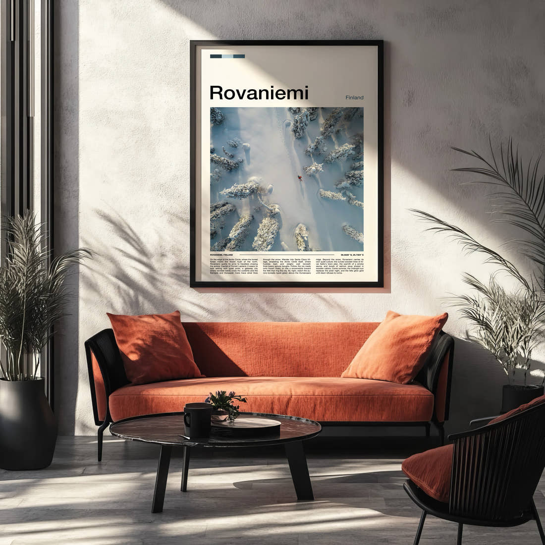 Rovaniemi Aerial Forest Trail Travel Print framed on the wall of a modern living room