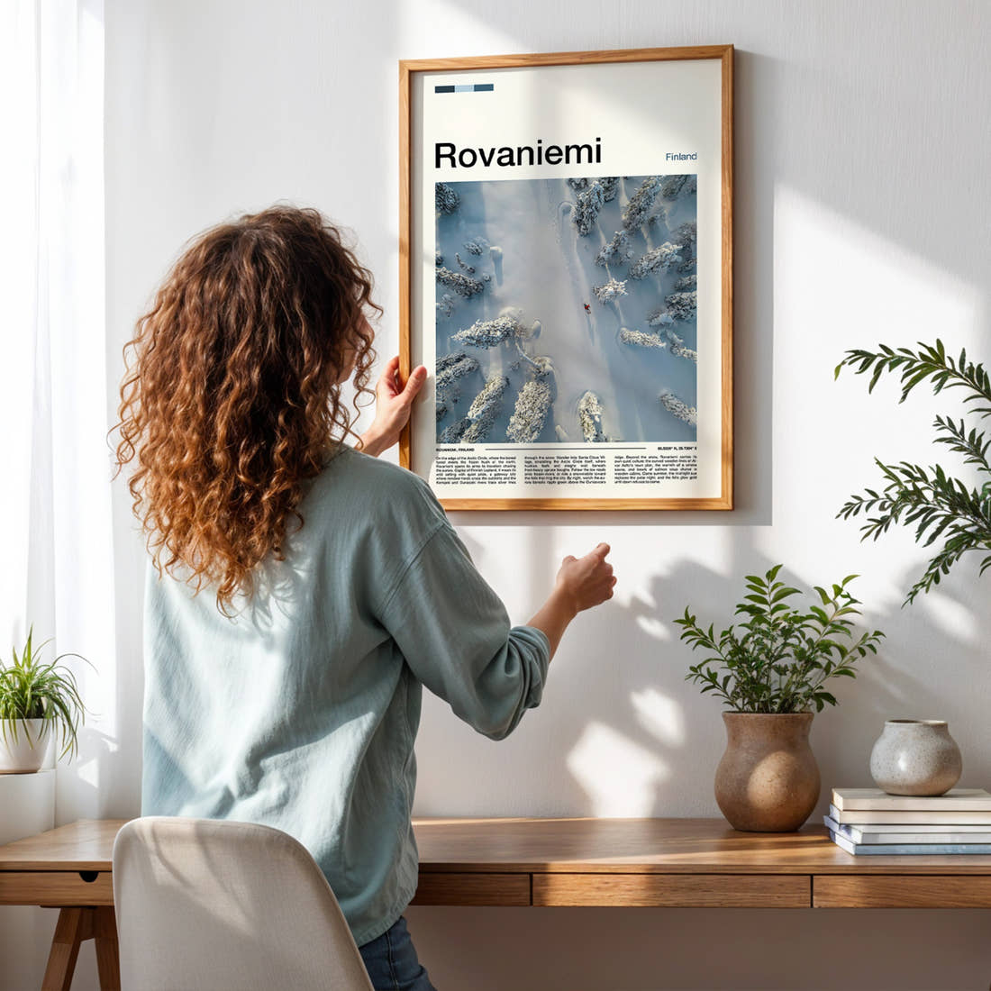 Rovaniemi Aerial Forest Trail Travel Print framed on a pale wall beside houseplants