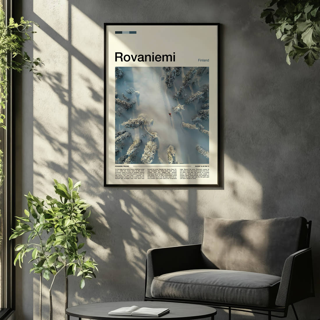 Rovaniemi Aerial Forest Trail Travel Print framed on the wall of a relaxed living room
