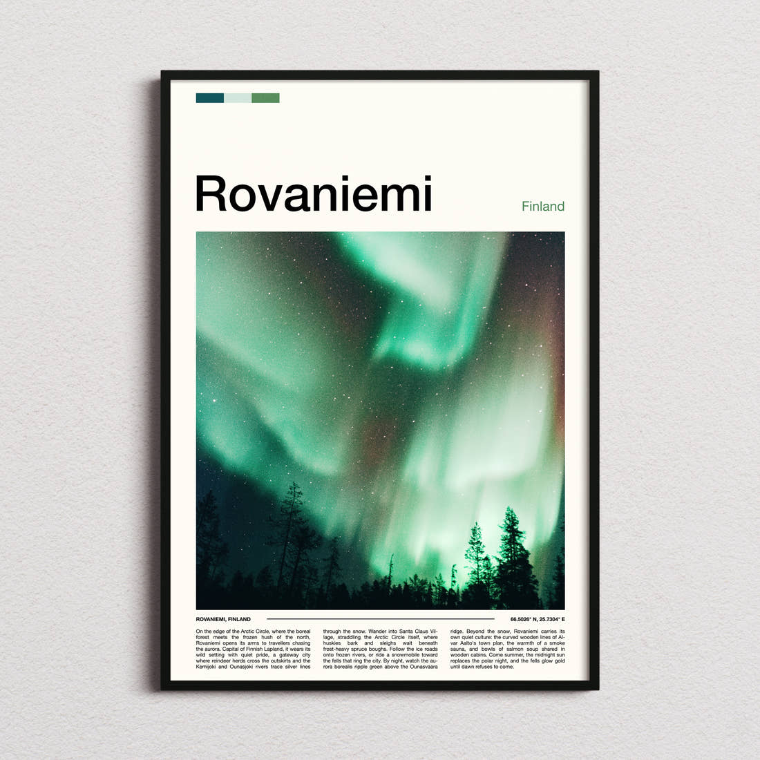 Rovaniemi Emerald Aurora Sky Travel Print framed and photographed straight on