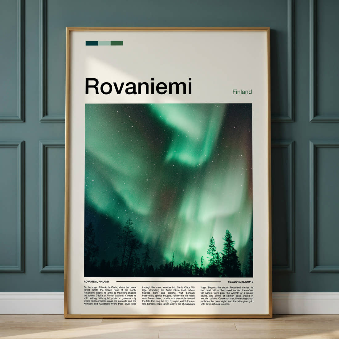 Rovaniemi Emerald Aurora Sky Travel Print framed on the wall of a calm, neutral bedroom