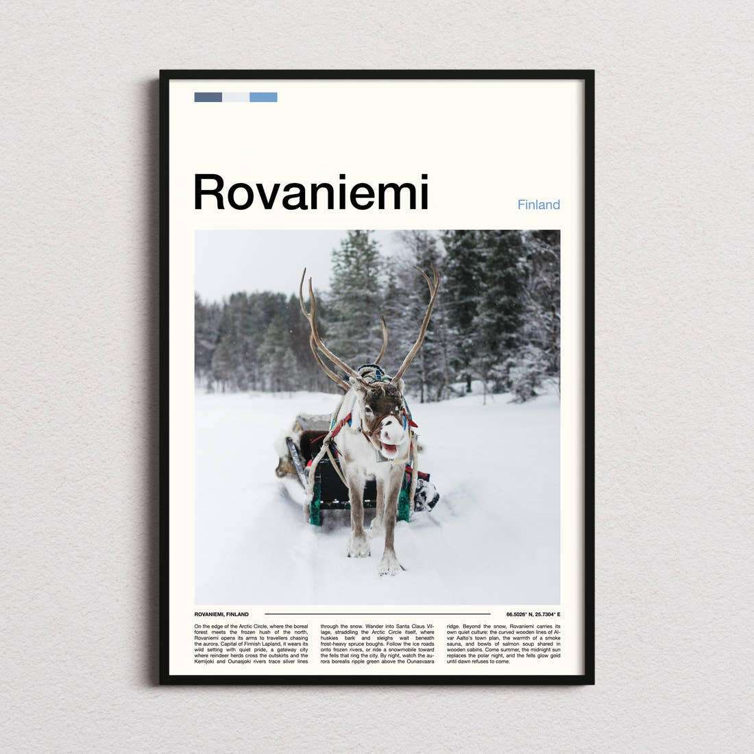 Rovaniemi Reindeer And Sleigh Travel Print framed and photographed straight on