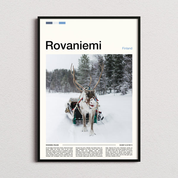 Rovaniemi Reindeer And Sleigh Travel Print framed and photographed straight on