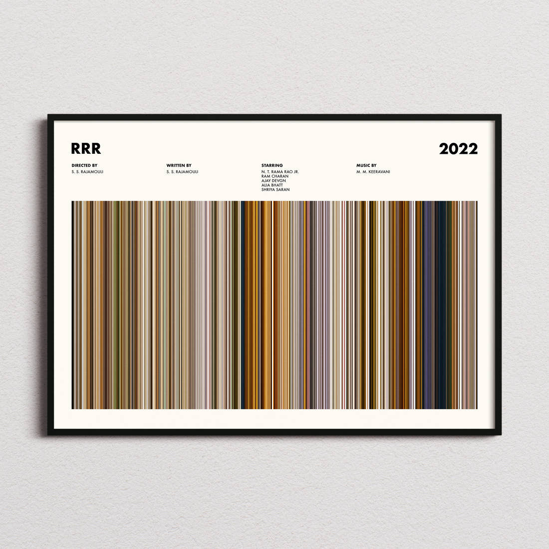 RRR Movie Barcode Poster framed and photographed straight on