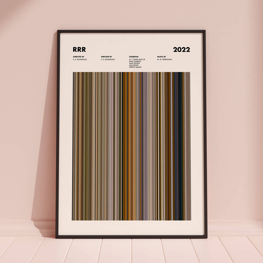 RRR Movie Barcode Poster framed and leaning against a coloured wall