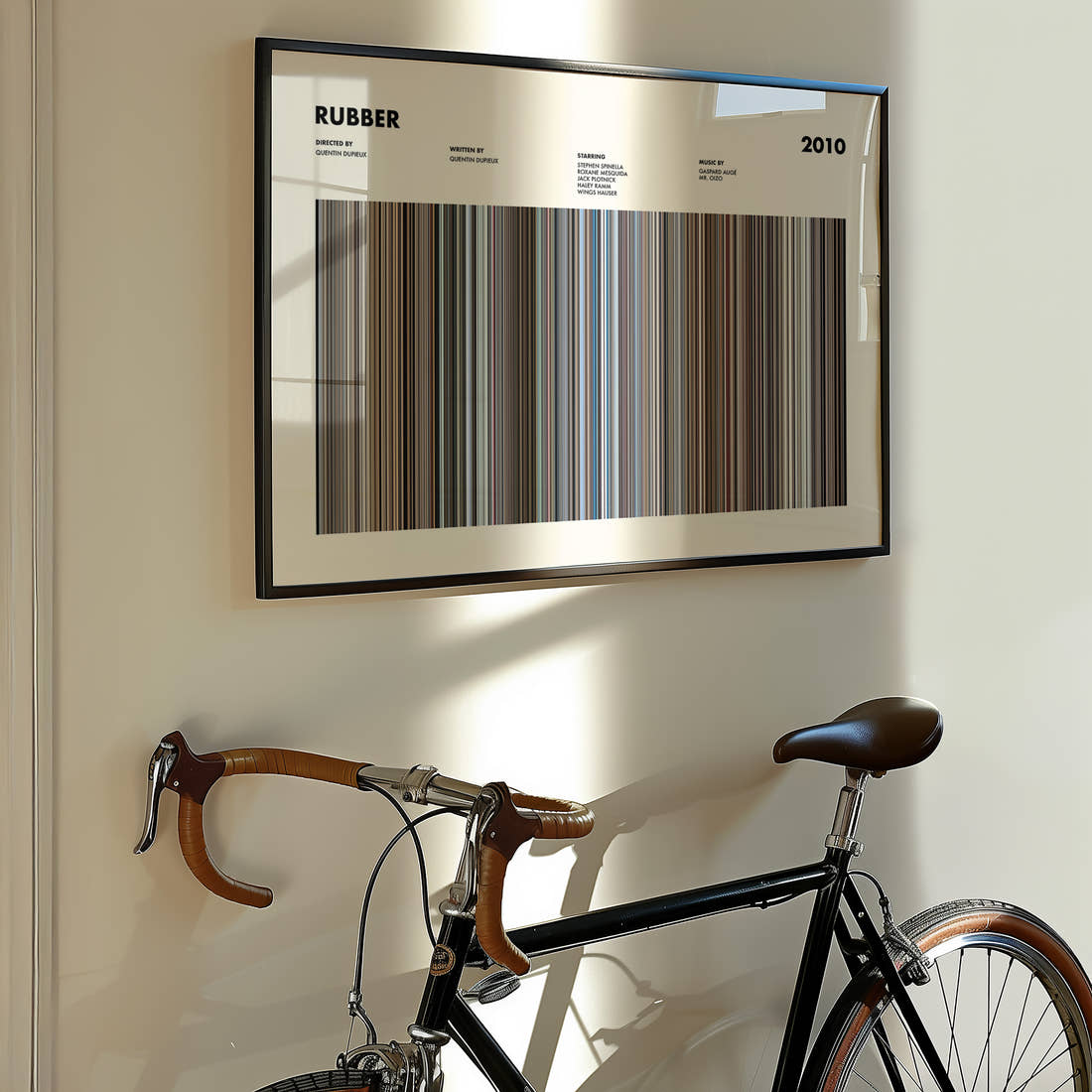Rubber Movie Barcode Poster framed on the wall of a styled room setting