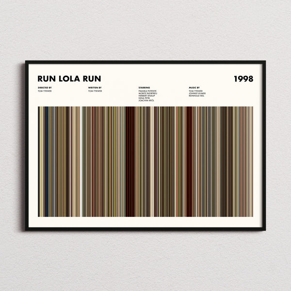 Run Lola Run Movie Barcode Poster framed and photographed straight on
