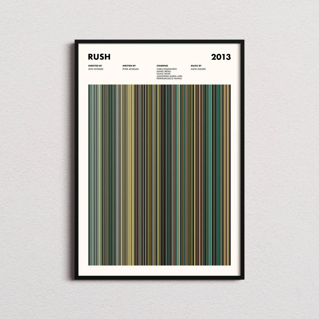 Rush Movie Barcode Poster framed on a plain studio wall