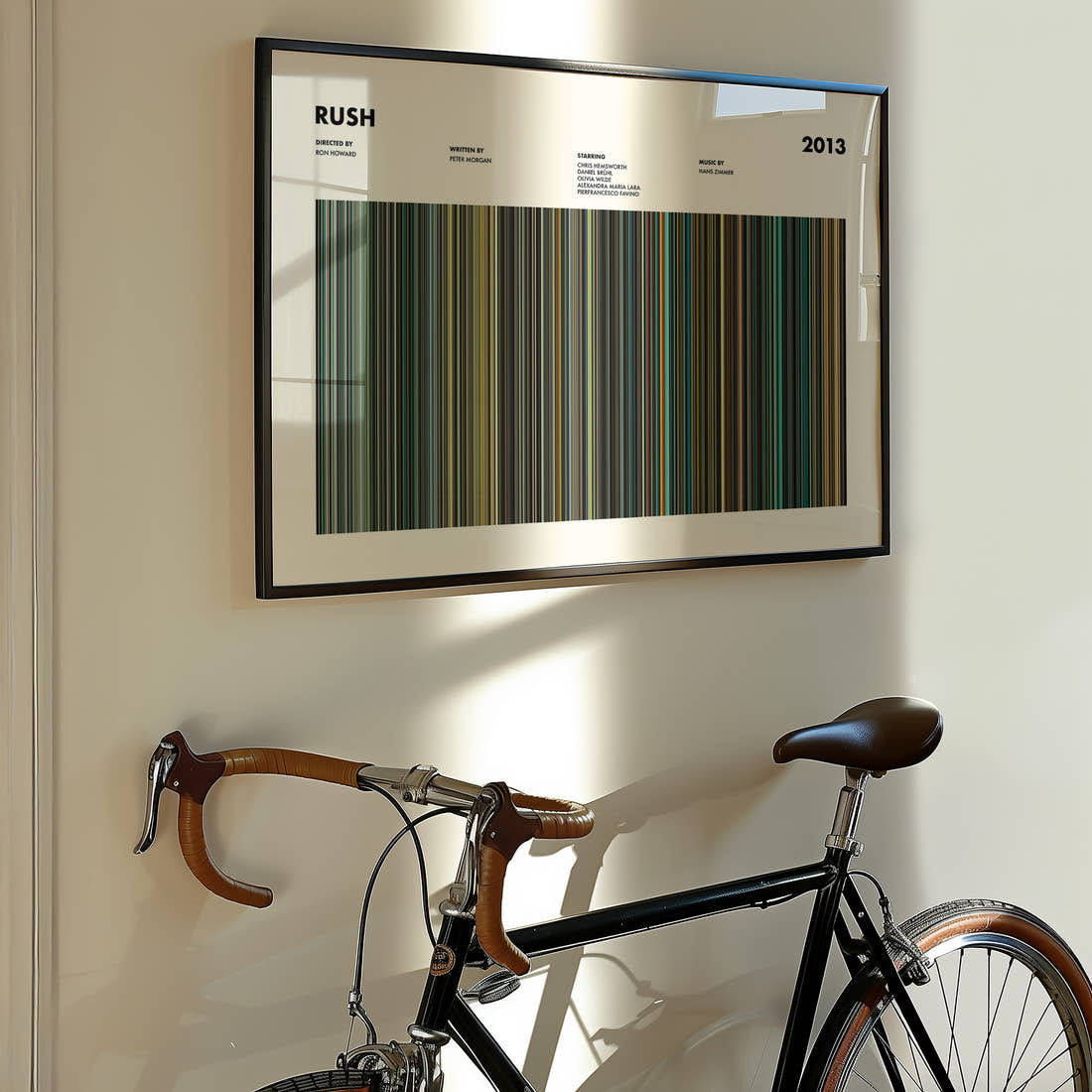 Rush Movie Barcode Poster framed on the wall of a styled room setting