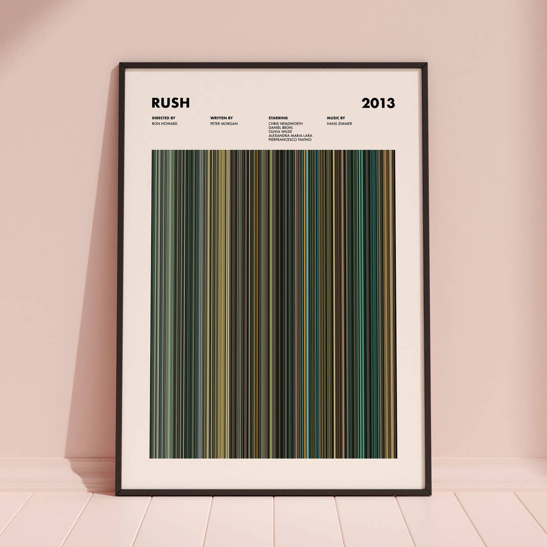 Rush Movie Barcode Poster framed and leaning against a coloured wall