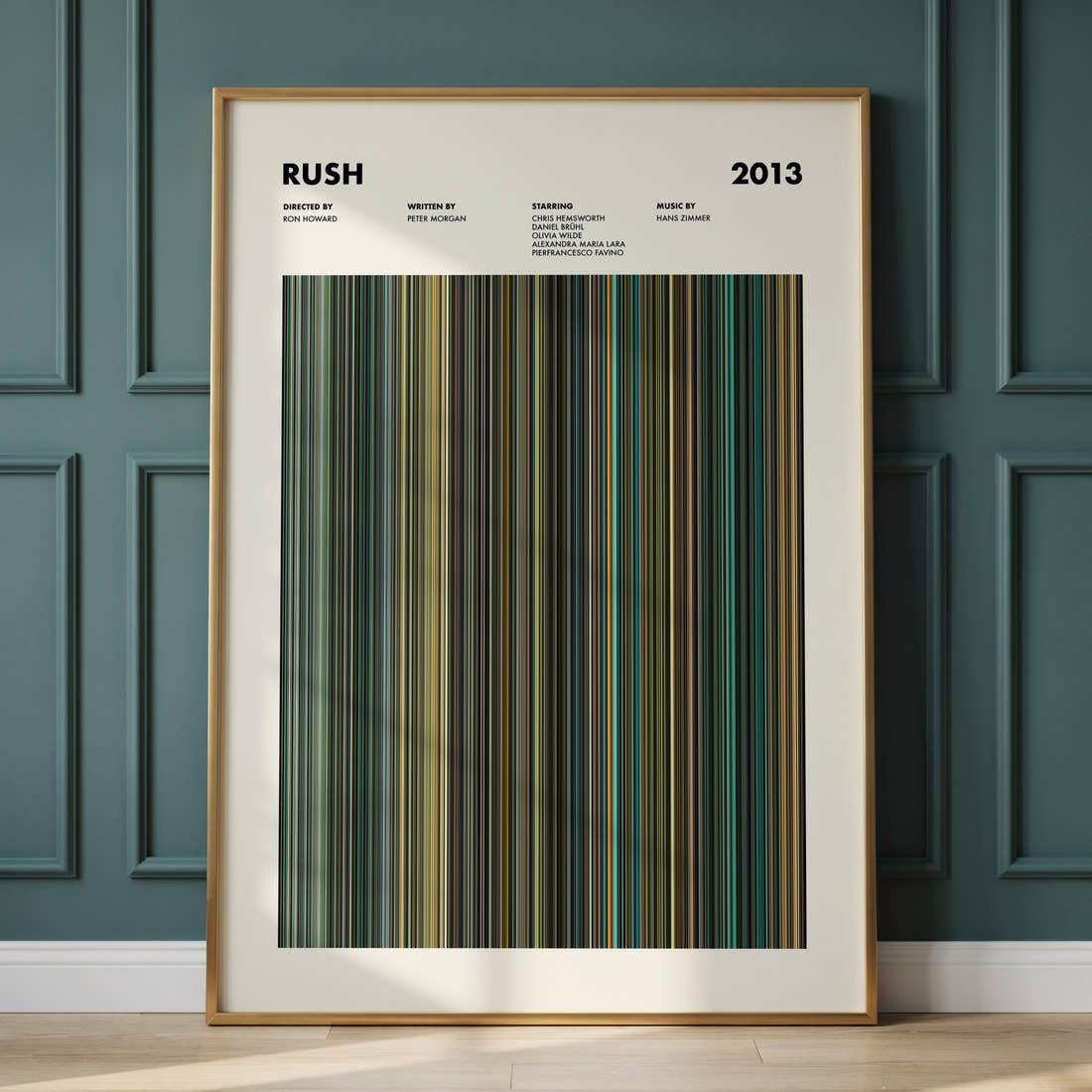Rush Movie Barcode Poster framed and leaning against a panelled wall