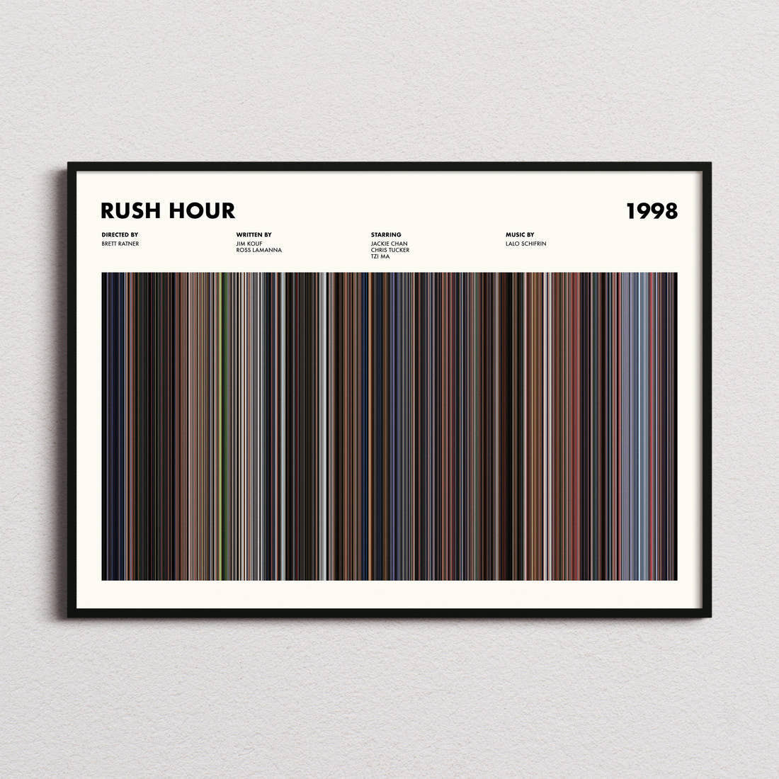 Rush Hour Movie Barcode Poster framed and photographed straight on