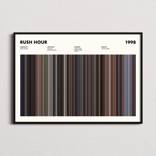 Rush Hour Movie Barcode Poster framed and photographed straight on