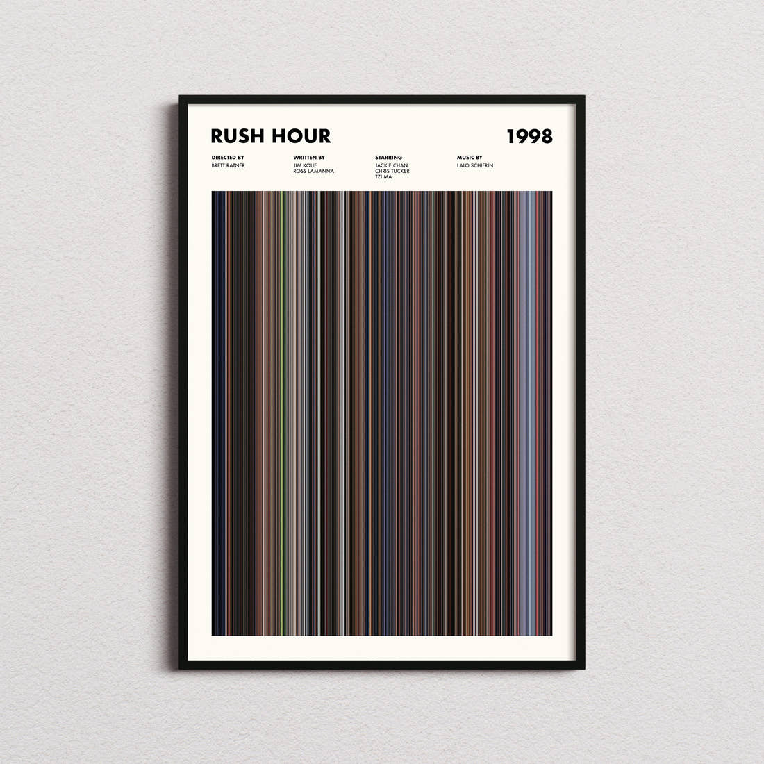 Rush Hour Movie Barcode Poster framed on a plain studio wall