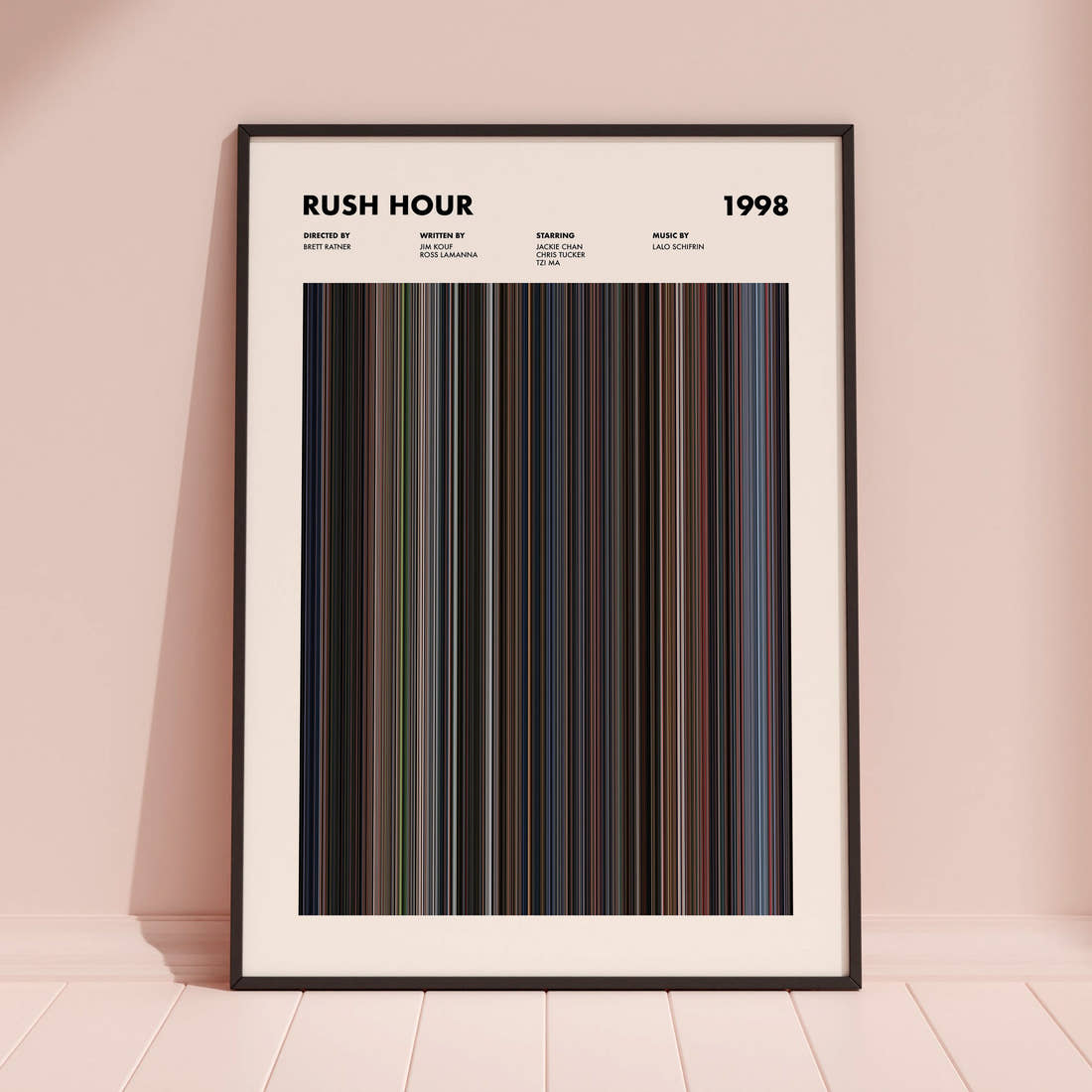Rush Hour Movie Barcode Poster framed and leaning against a coloured wall