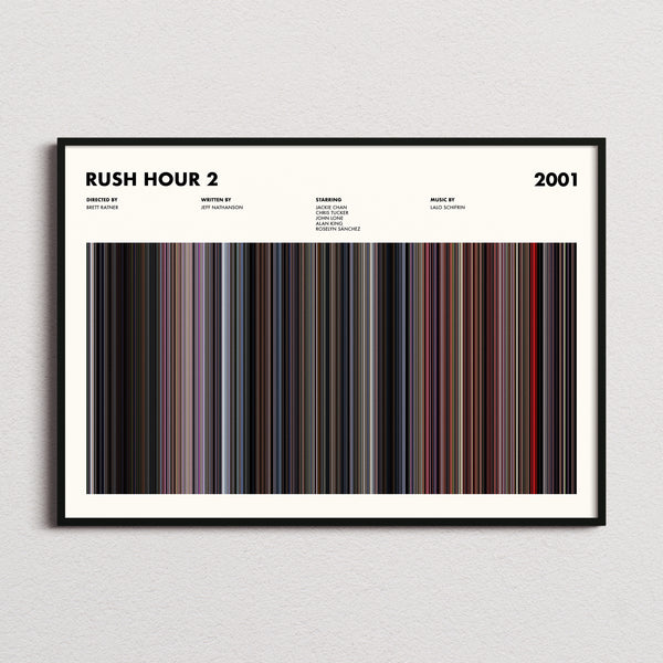 Rush Hour 2 Movie Barcode Poster framed and photographed straight on