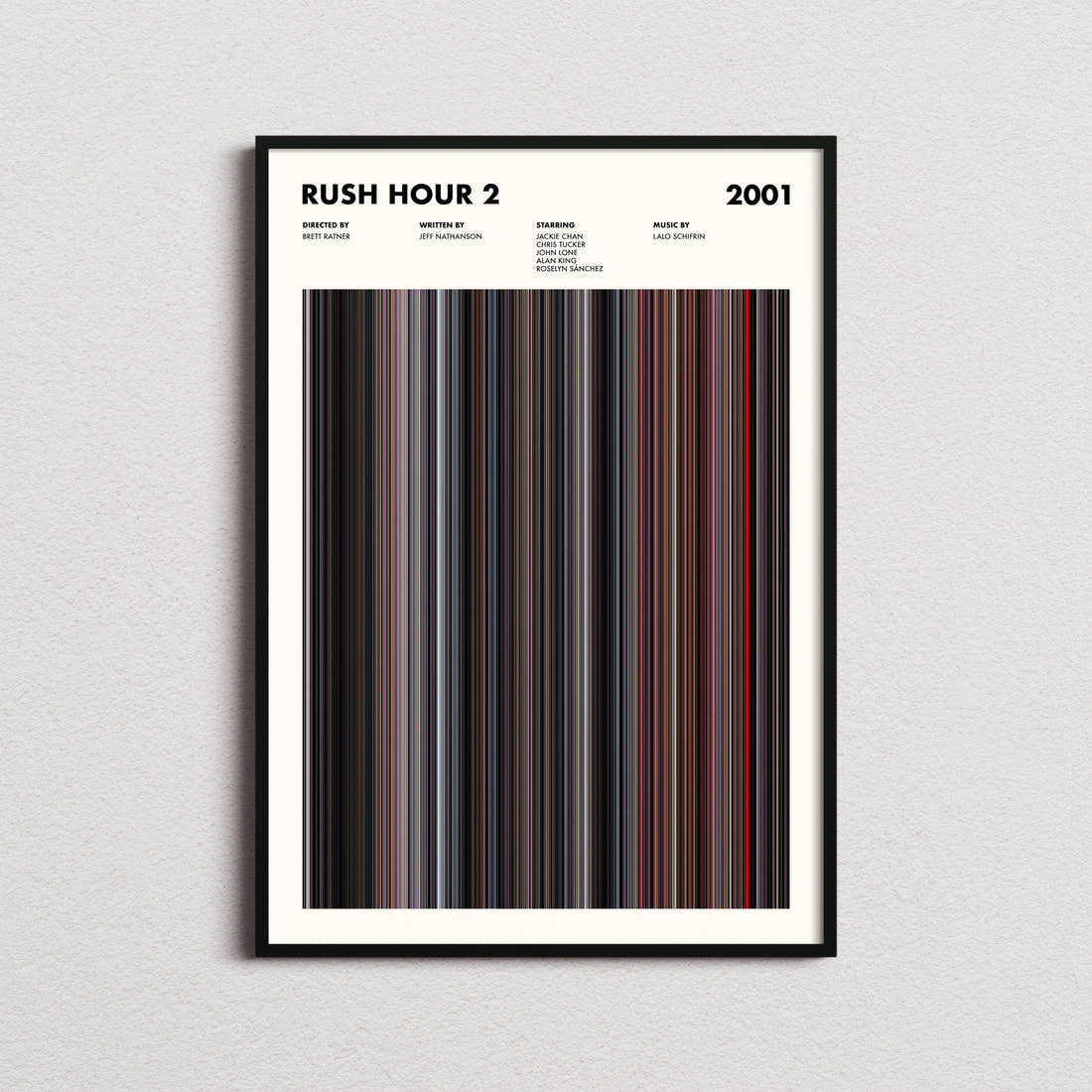 Rush Hour 2 Movie Barcode Poster framed on a plain studio wall