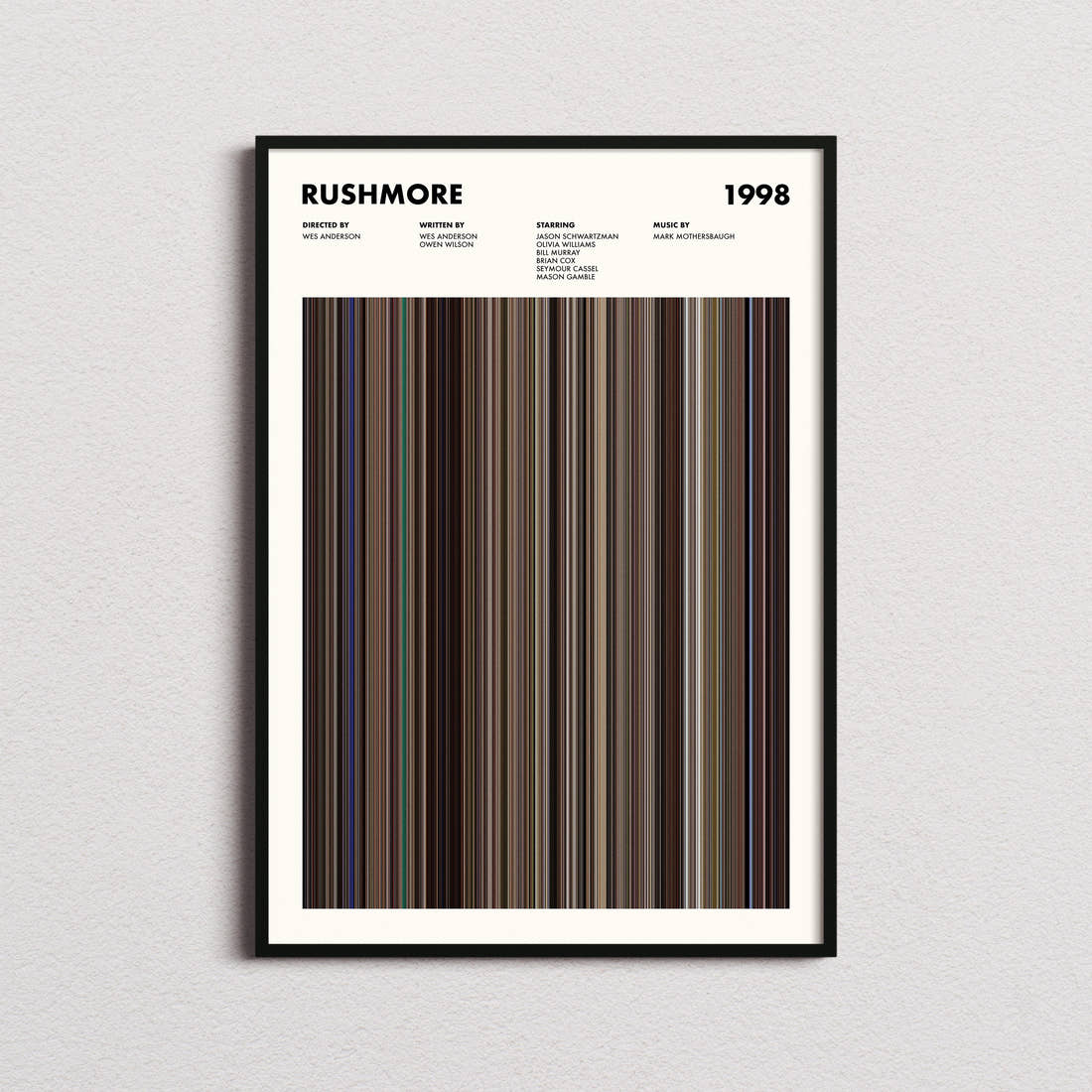 Rushmore Movie Barcode Poster framed on a plain studio wall