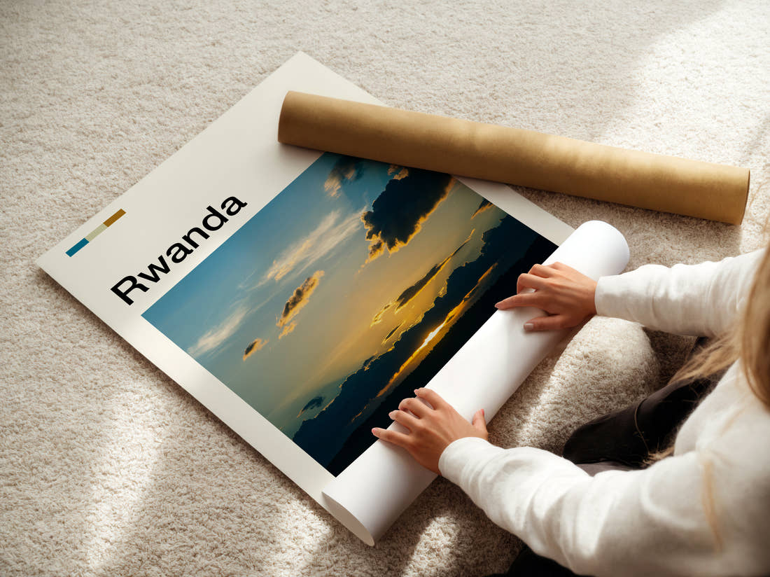 Rwanda Sunset Travel Print being unrolled from its postal tube