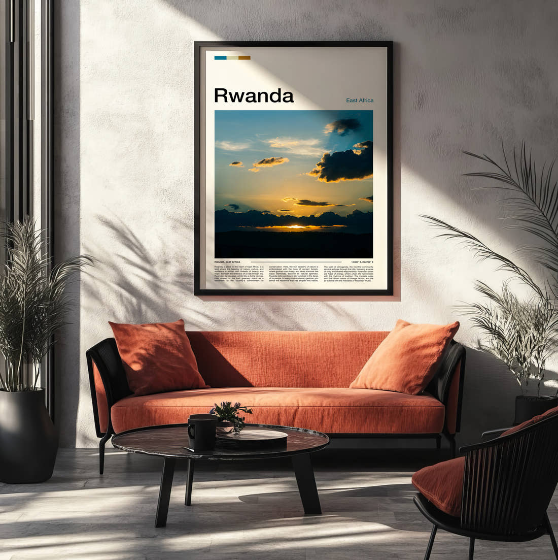 Rwanda Sunset Travel Print framed on the wall of a modern living room