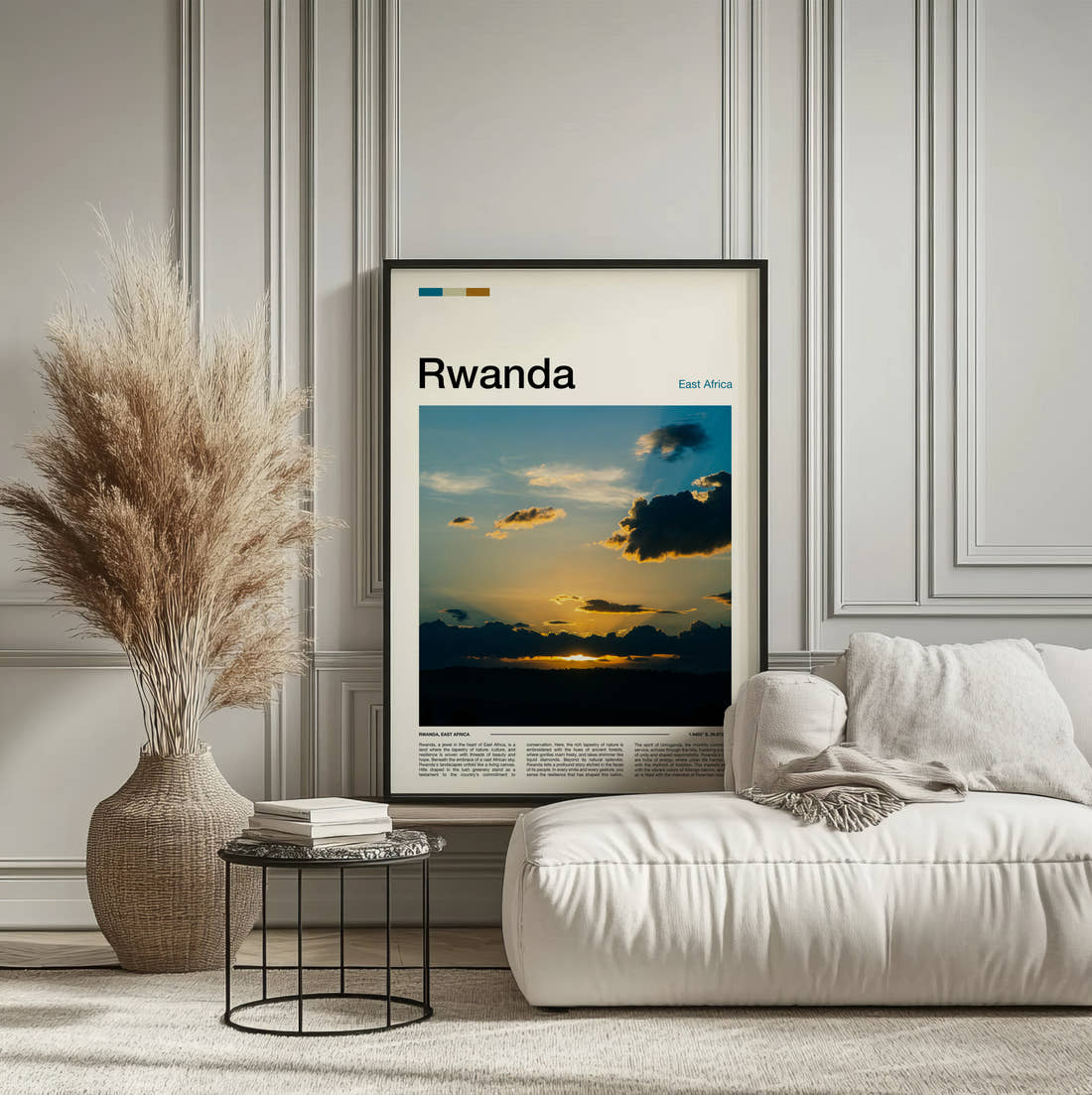 Rwanda Sunset Travel Print framed on the wall of a calm, neutral bedroom