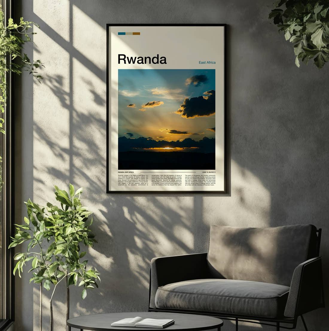 Rwanda Sunset Travel Print framed on the wall of a relaxed living room