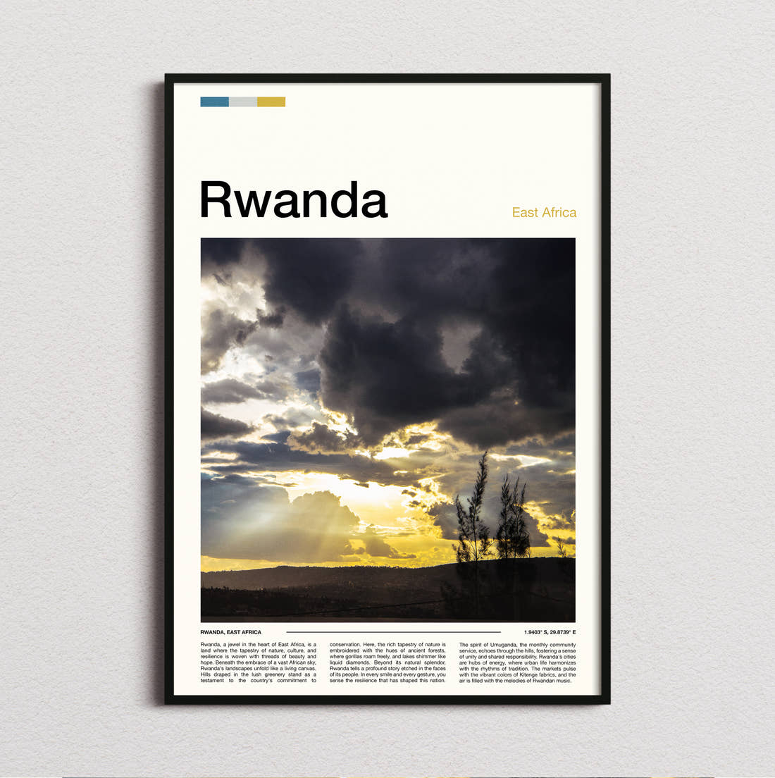 Rwanda Sunbeams Through Clouds Travel Print framed and photographed straight on