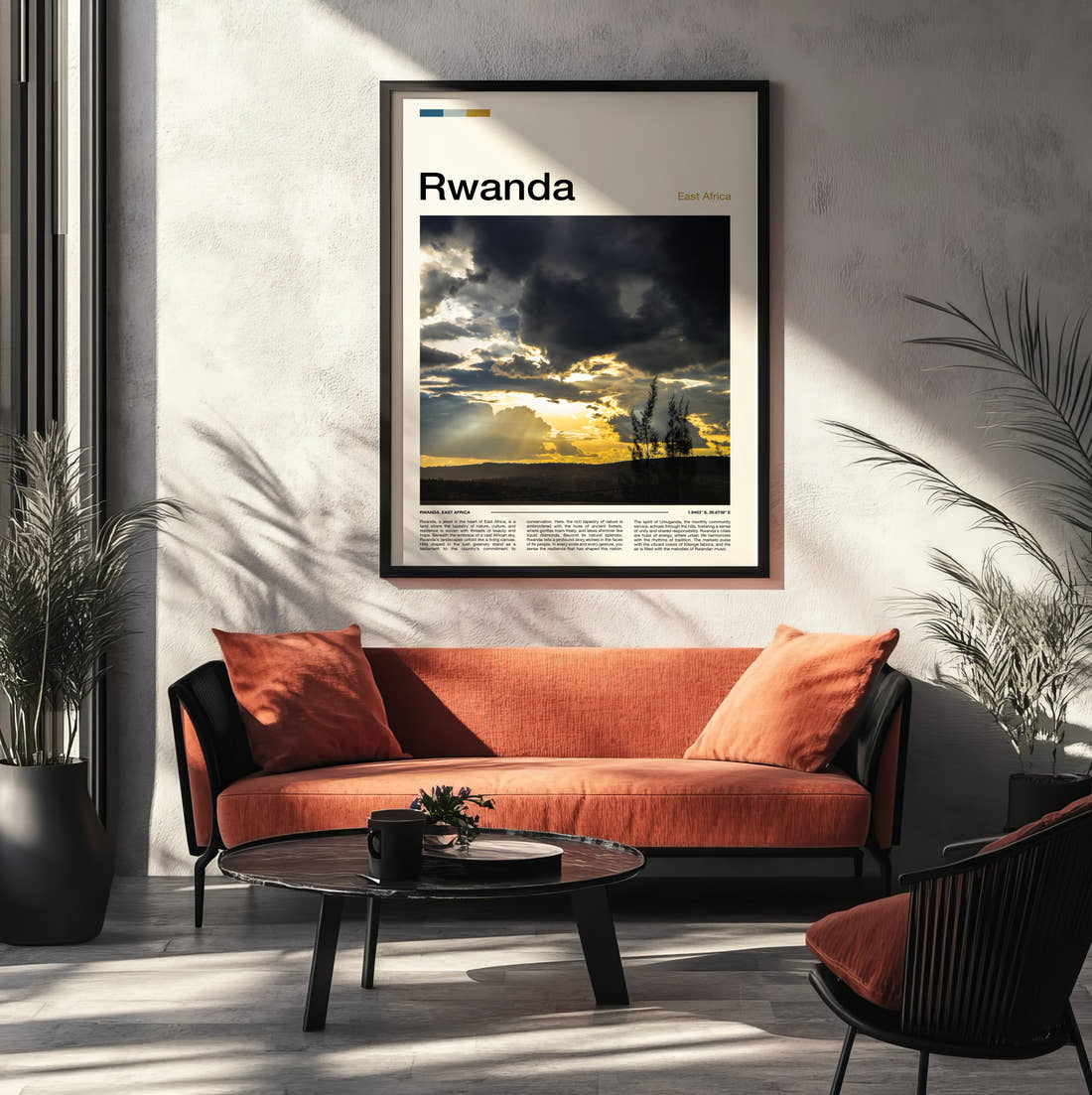 Rwanda Sunbeams Through Clouds Travel Print framed on the wall of a modern living room