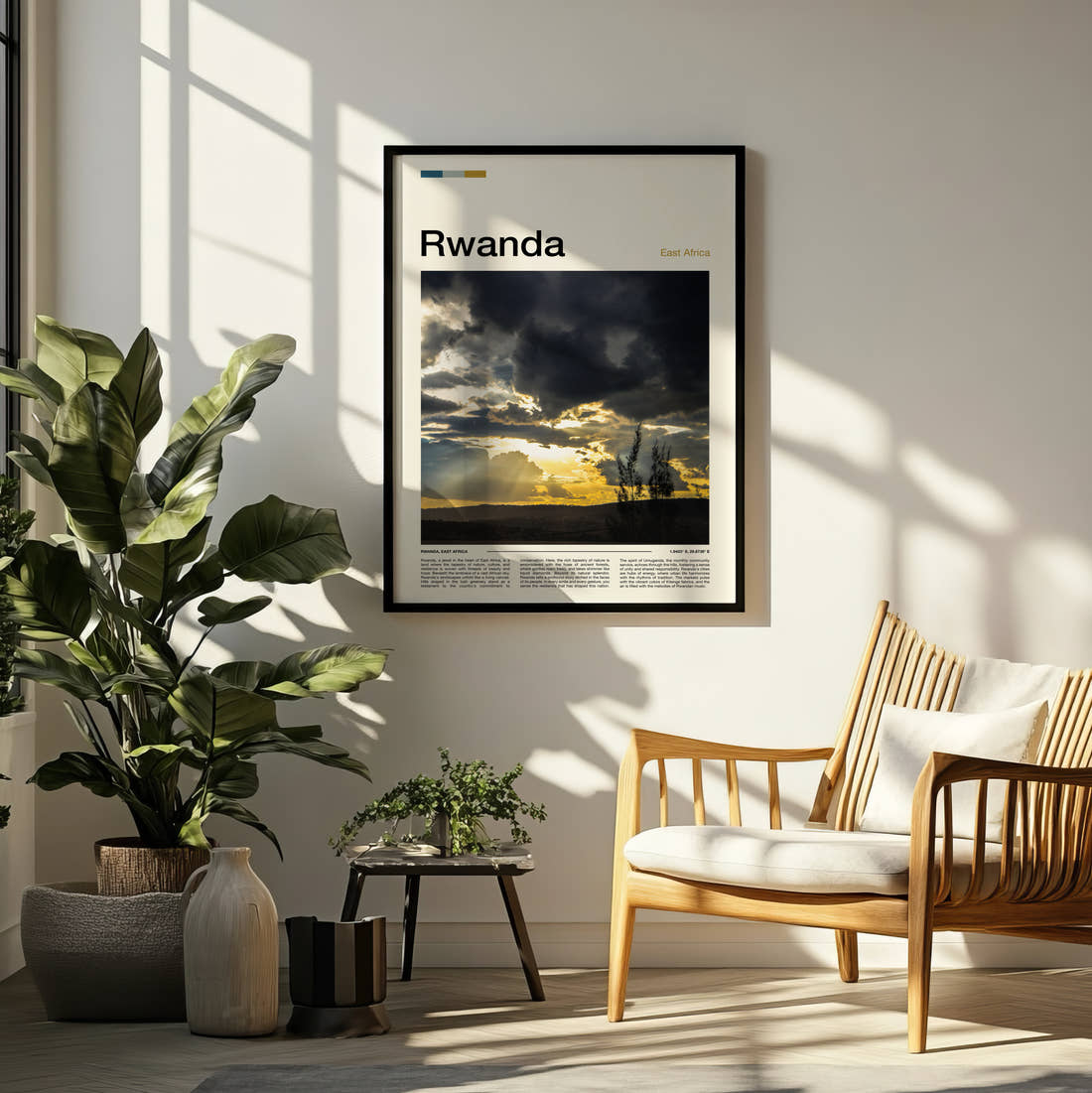 Rwanda Sunbeams Through Clouds Travel Print framed on a pale wall beside houseplants