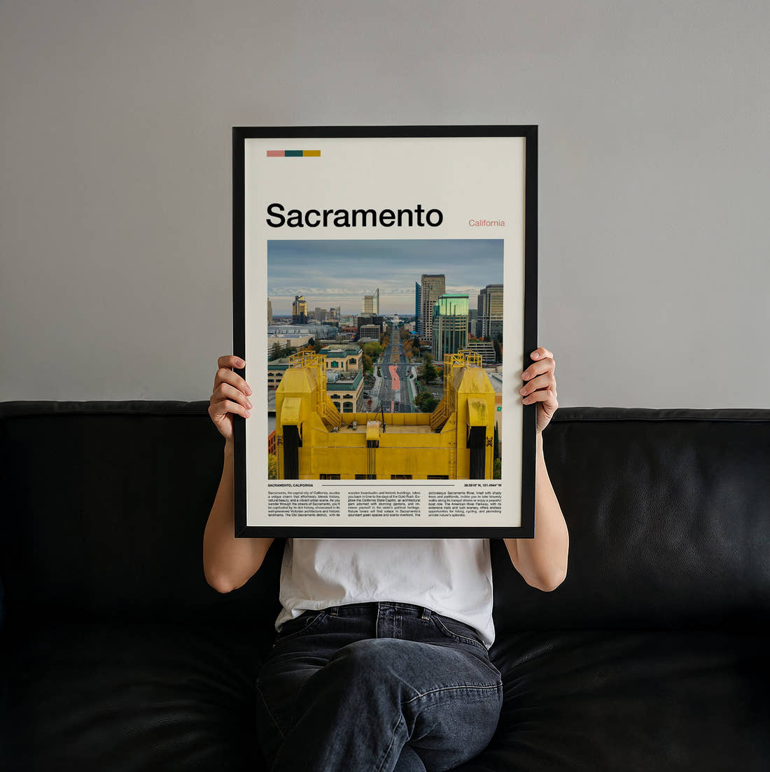 Sacramento Tower Bridge And City Skyline Travel Print held up by hand to show the size of the print