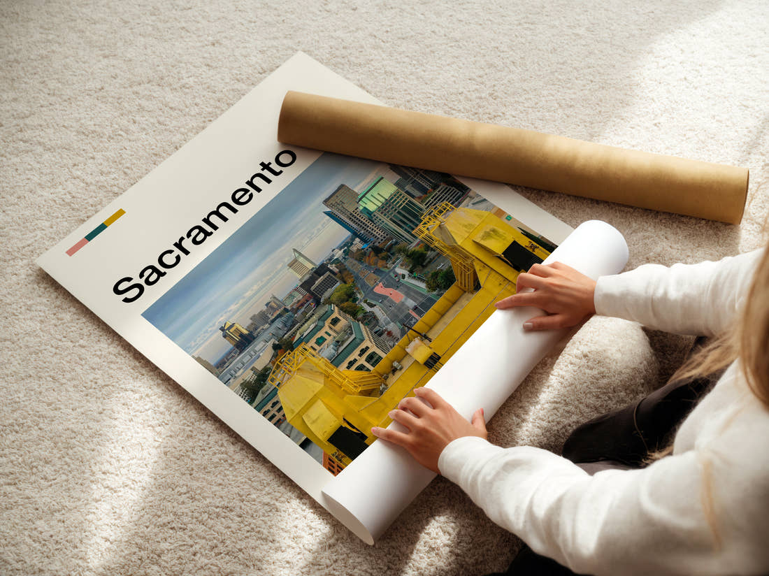 Sacramento Tower Bridge And City Skyline Travel Print being unrolled from its postal tube