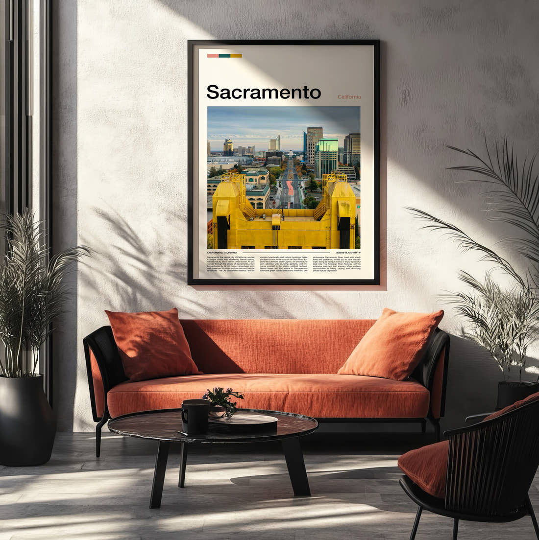 Sacramento Tower Bridge And City Skyline Travel Print framed on the wall of a modern living room