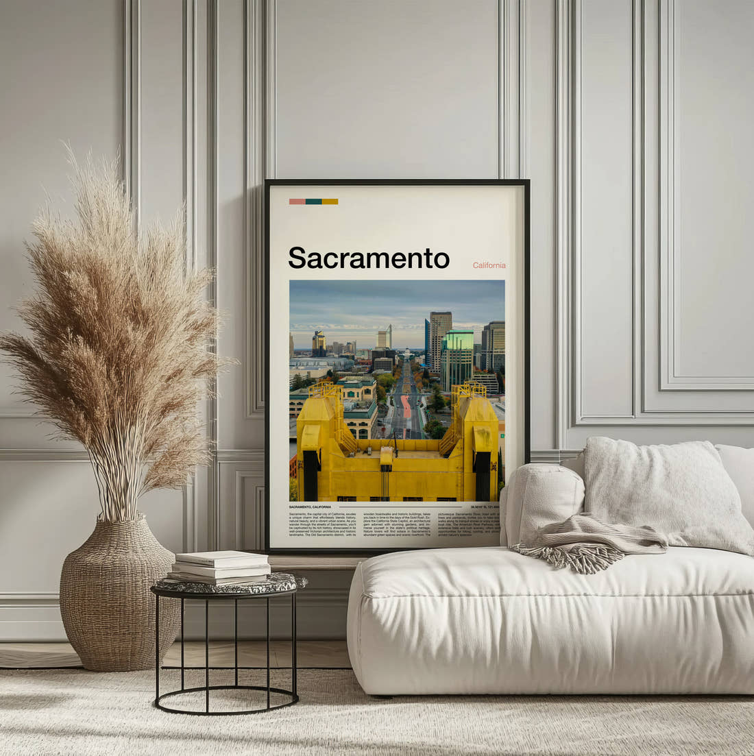 Sacramento Tower Bridge And City Skyline Travel Print framed on the wall of a calm, neutral bedroom