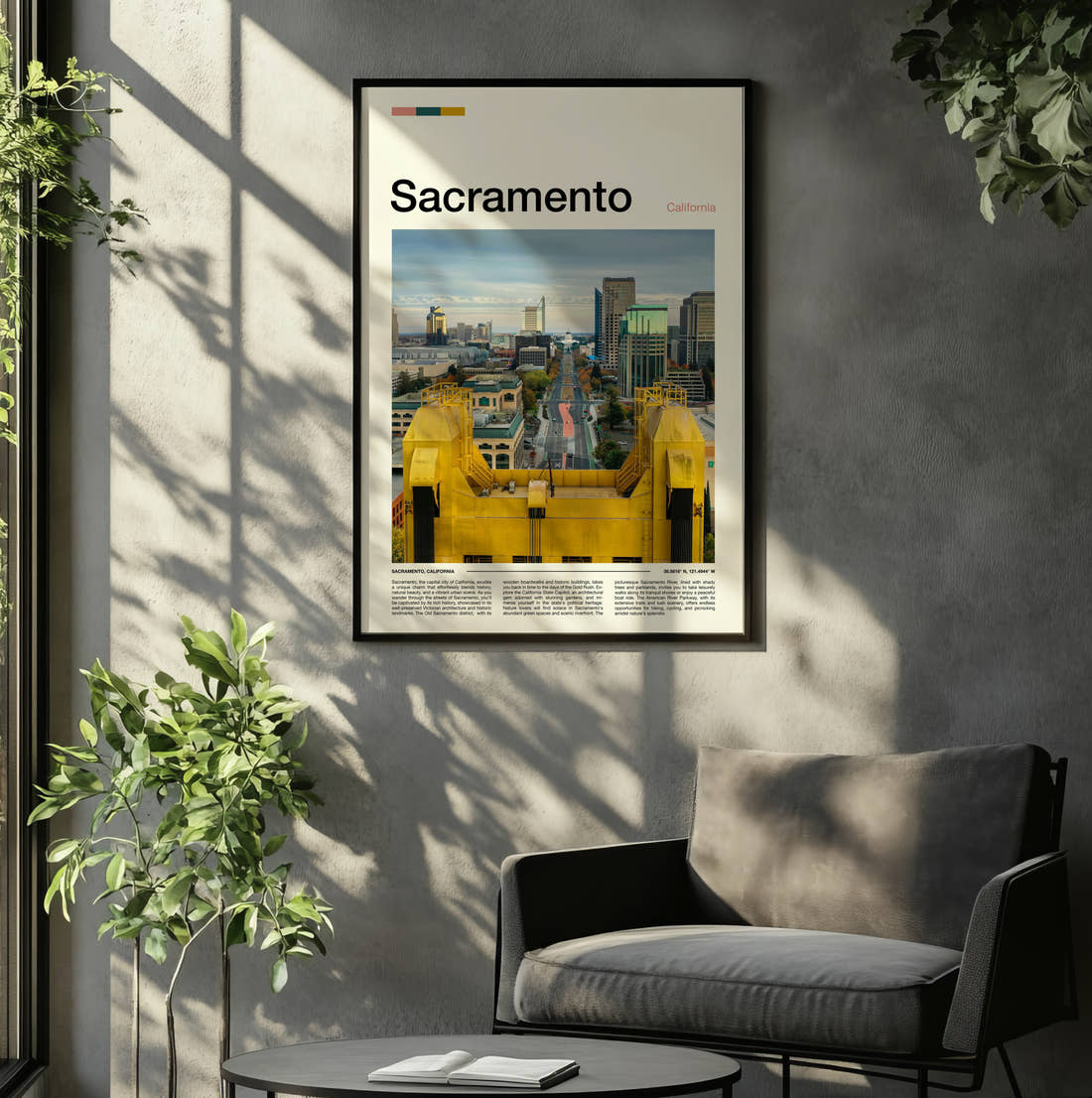 Sacramento Tower Bridge And City Skyline Travel Print framed on the wall of a relaxed living room
