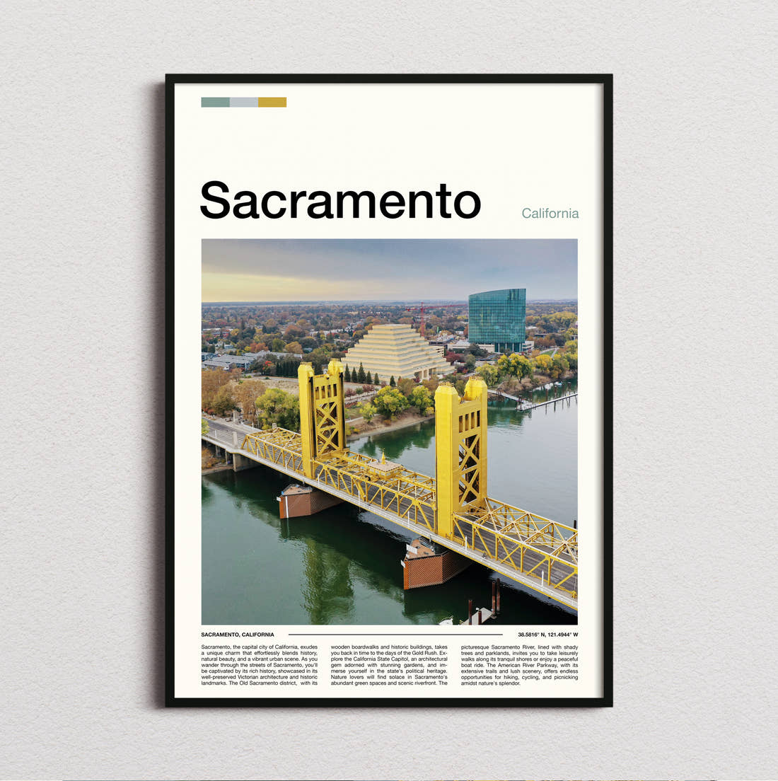 Sacramento Tower Bridge Across The River Travel Print framed and photographed straight on