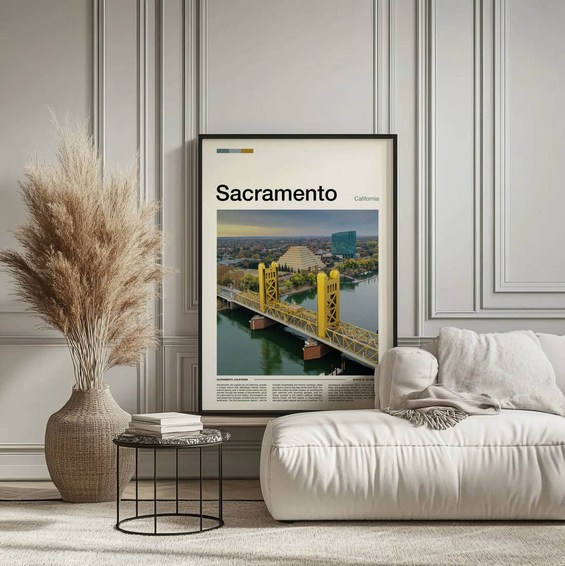 Sacramento Tower Bridge Across The River Travel Print framed on the wall of a calm, neutral bedroom