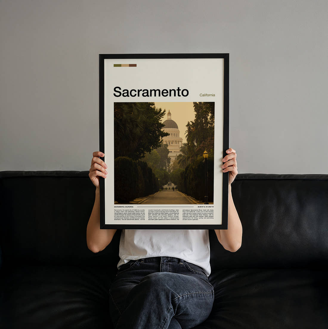 Sacramento California State Capitol Travel Print held up by hand to show the size of the print