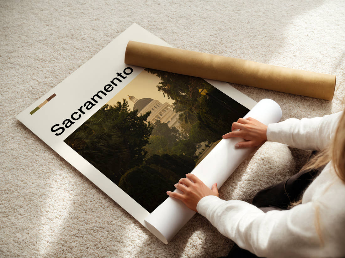 Sacramento California State Capitol Travel Print being unrolled from its postal tube