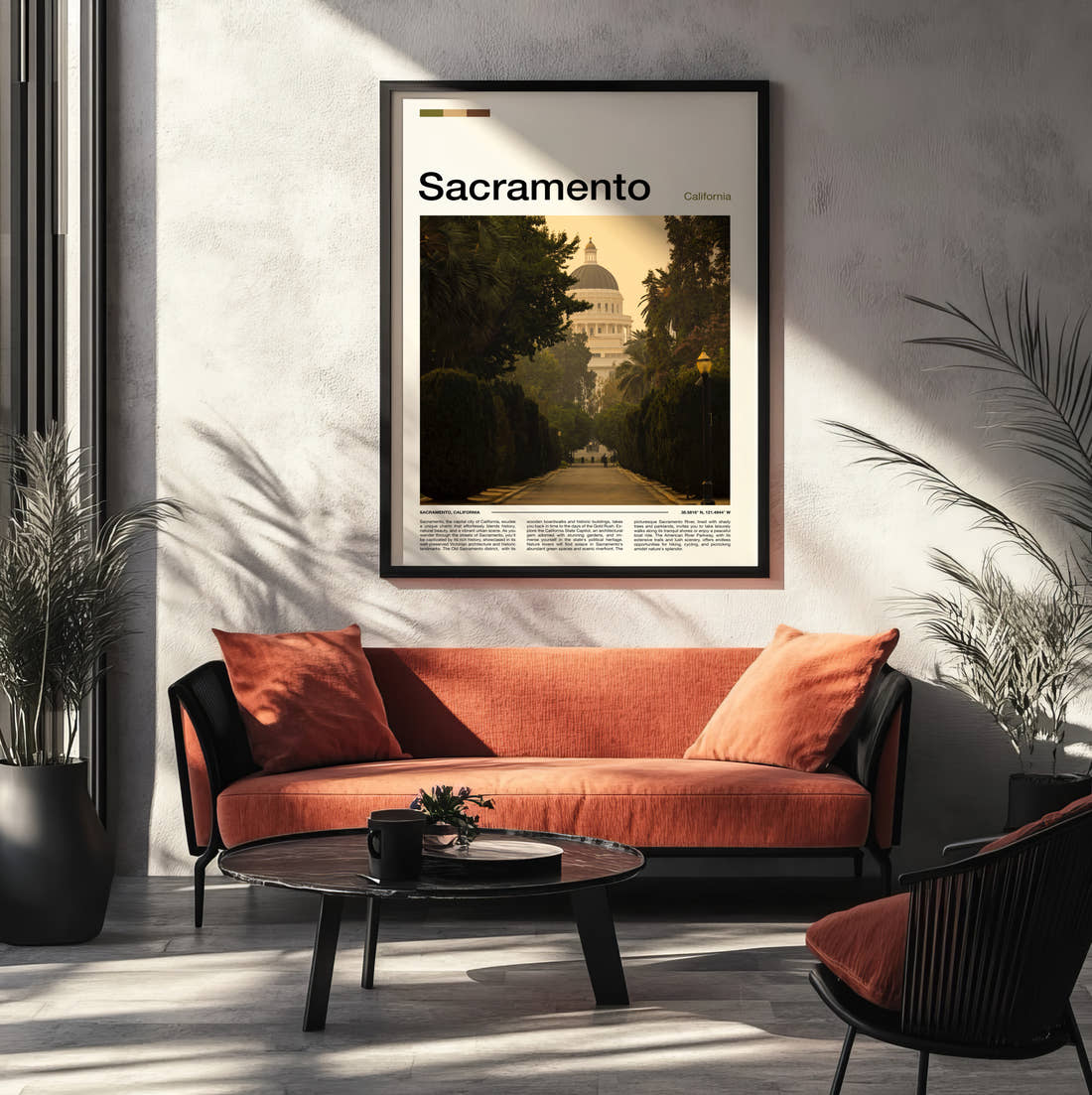 Sacramento California State Capitol Travel Print framed on the wall of a modern living room
