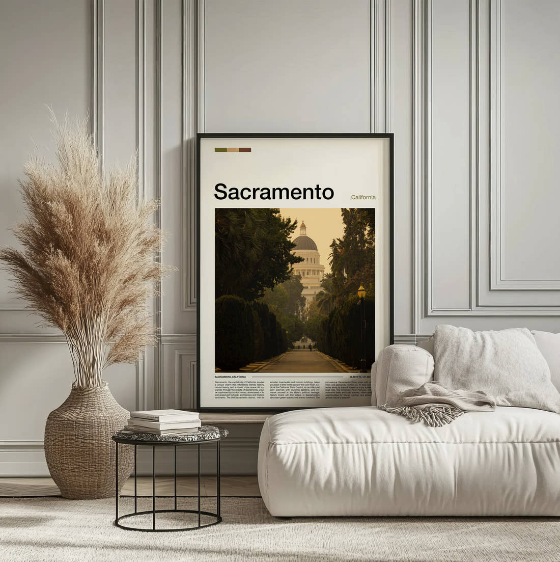 Sacramento California State Capitol Travel Print framed on the wall of a calm, neutral bedroom