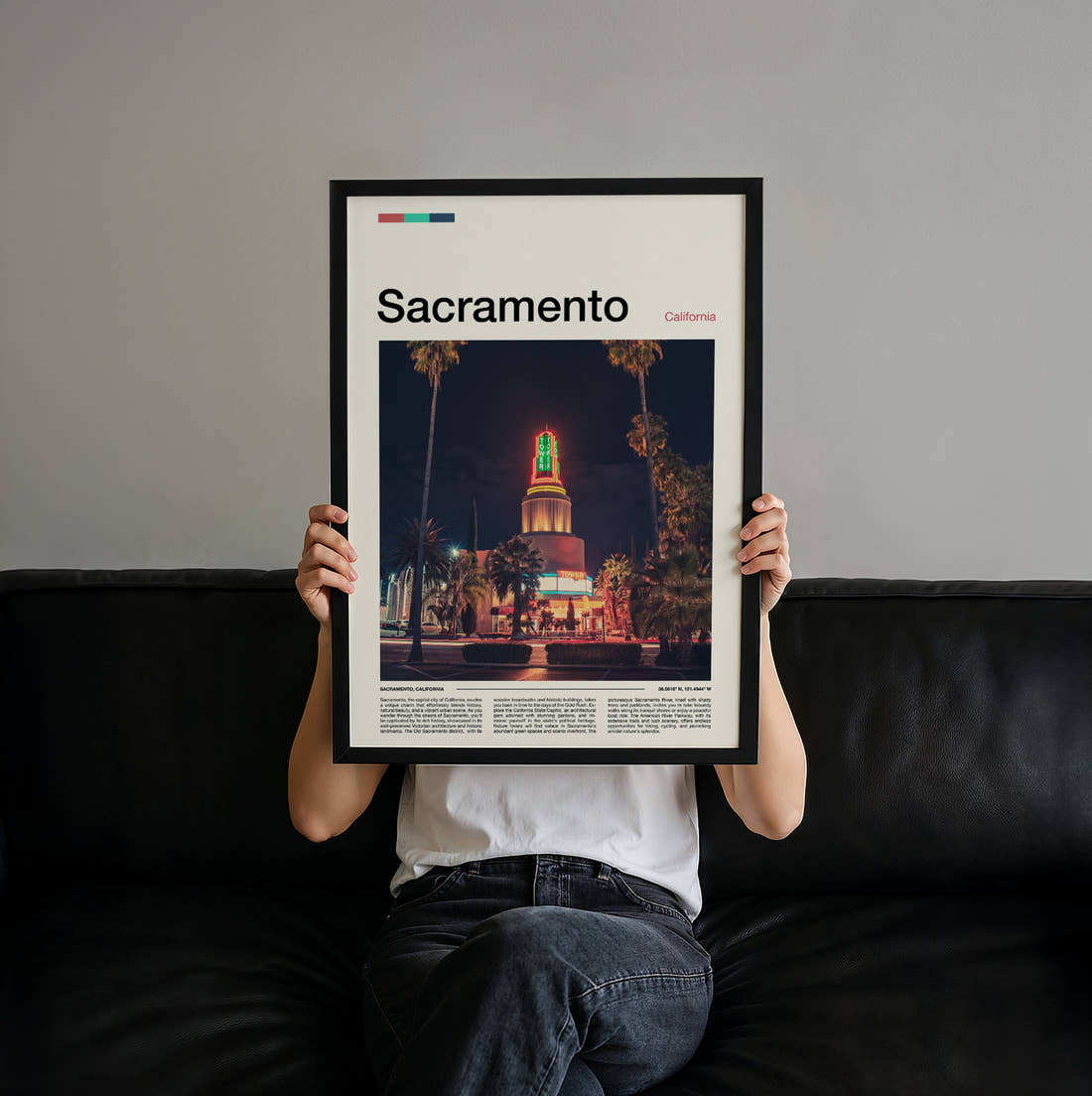 Sacramento Neon Theatre Sign Travel Print held up by hand to show the size of the print