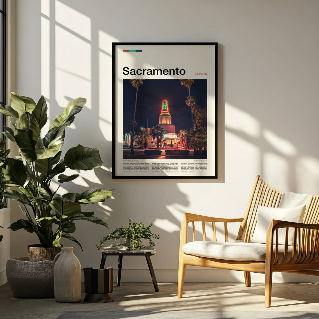 Sacramento Neon Theatre Sign Travel Print framed on a pale wall beside houseplants