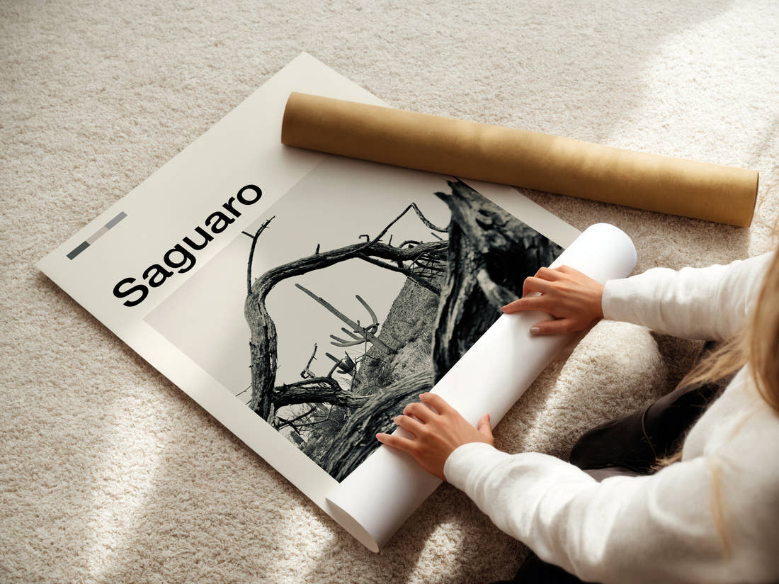 Saguaro Fallen Tree And Cacti Travel Print being unrolled from its postal tube