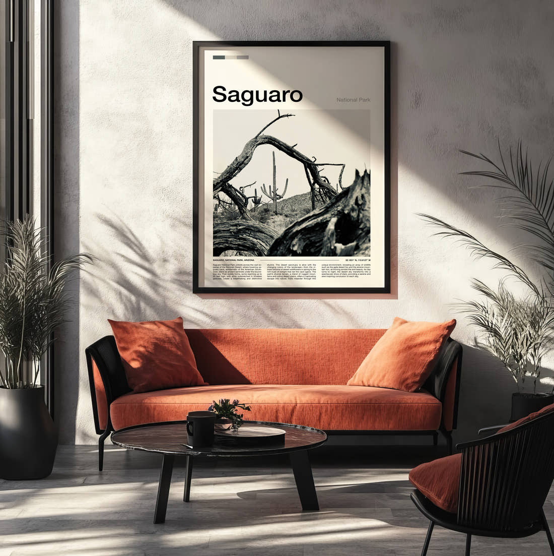 Saguaro Fallen Tree And Cacti Travel Print framed on the wall of a modern living room