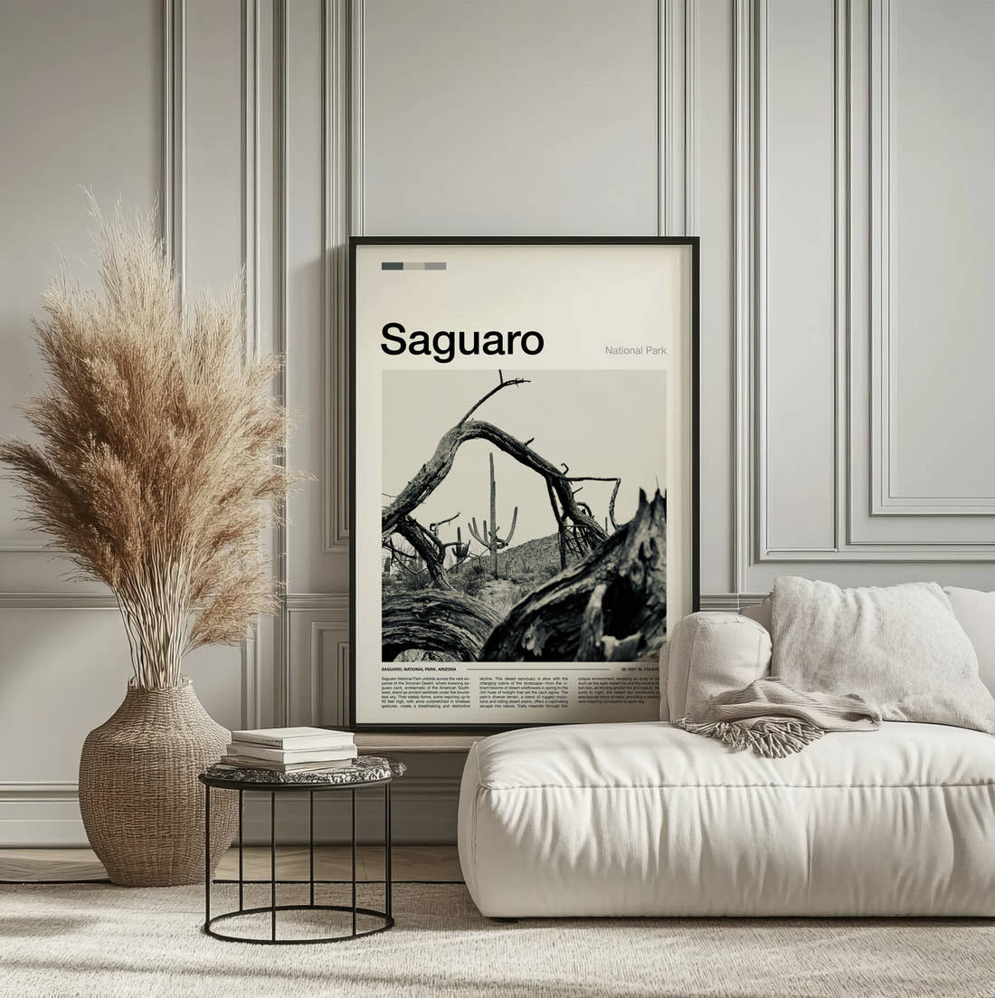 Saguaro Fallen Tree And Cacti Travel Print framed on the wall of a calm, neutral bedroom