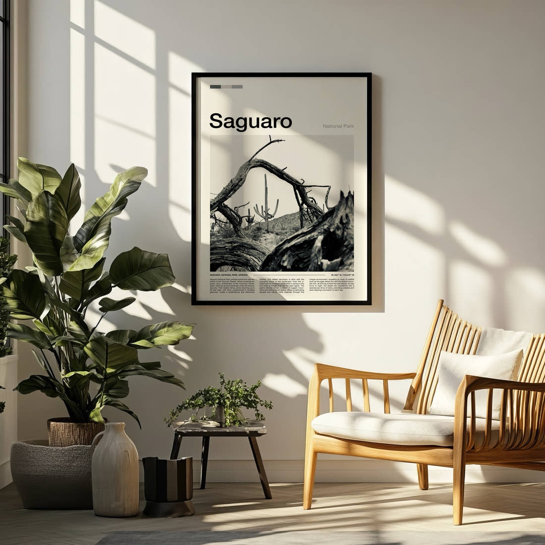Saguaro Fallen Tree And Cacti Travel Print framed on a pale wall beside houseplants