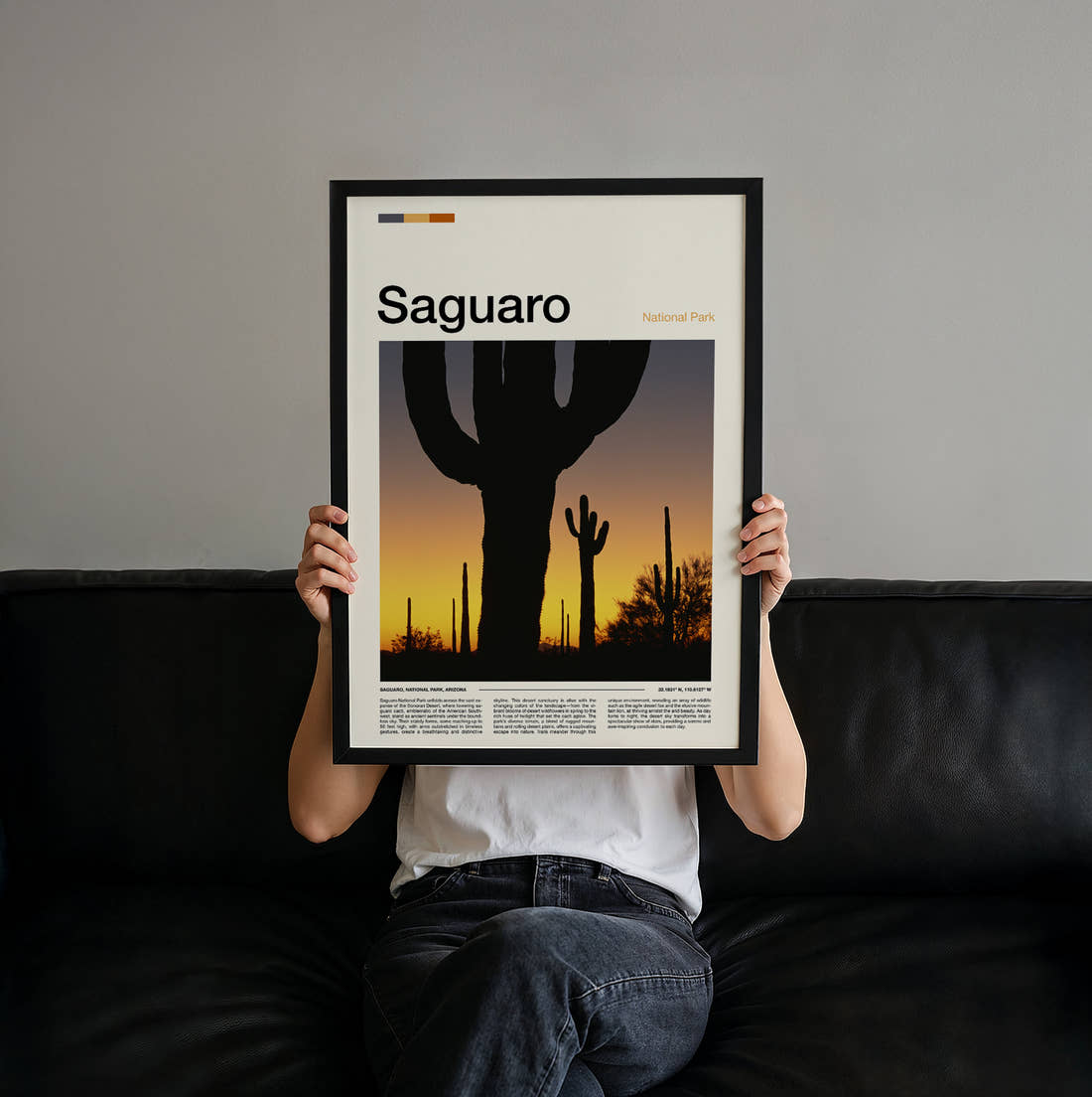 Saguaro Cacti At Sunset Travel Print held up by hand to show the size of the print